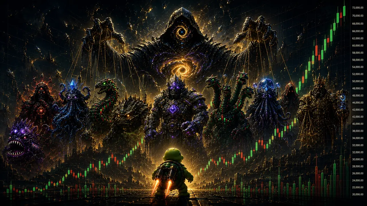 Finn the turtle faces the Guardians on a candlestick chart